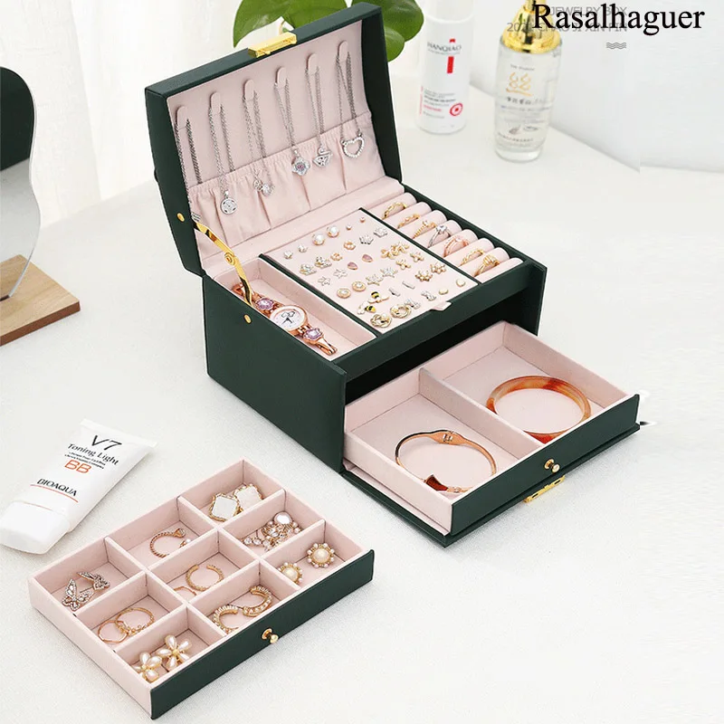 Top Selling Simple 3-layer Leather Drawer Type Jewellery Box Organizer Storage With Key Earrings Ring For Women Jewelry Gift Box