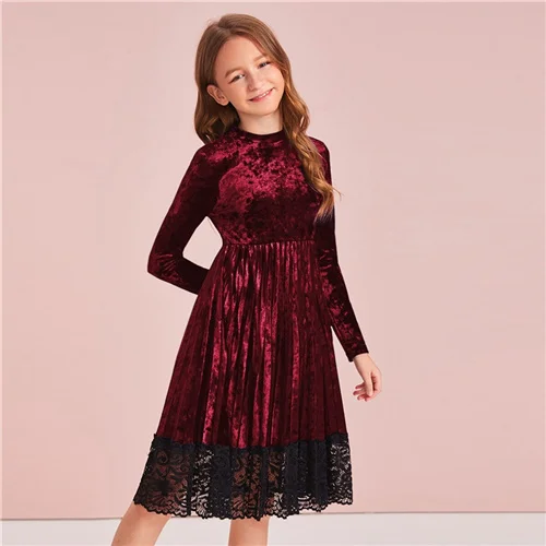 Burgundy SHEIN/детское однотонное бархатное плиссированное платье с кружевным подолом и воротником-стойкой для девочек осенние платья средней длины с высокой талией и длинными рукавами - Цвет: Burgundy