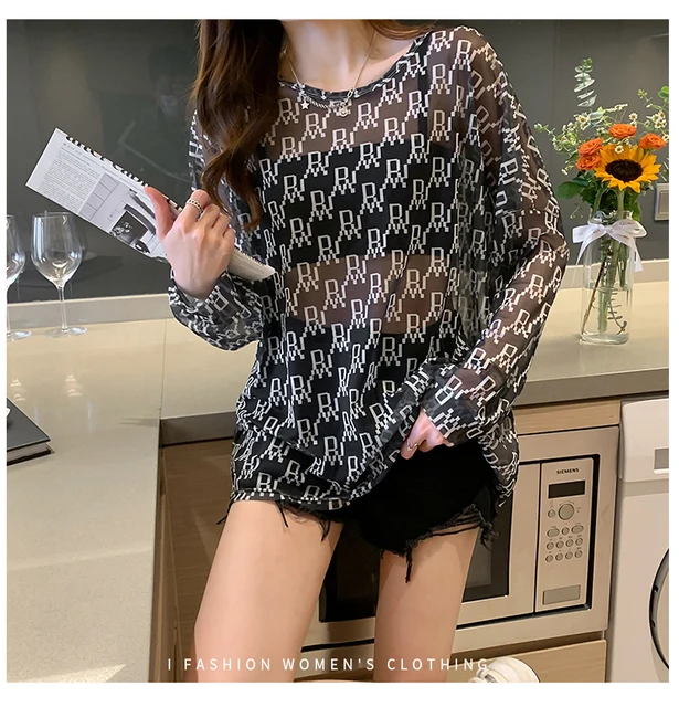 Disney 2021 Summer Famous Anime Mickey Mouse Brand Mesh Shirt Women Sun Protection Transparent Long Sleeve Blouse Ladies T-shirt 3750 Black