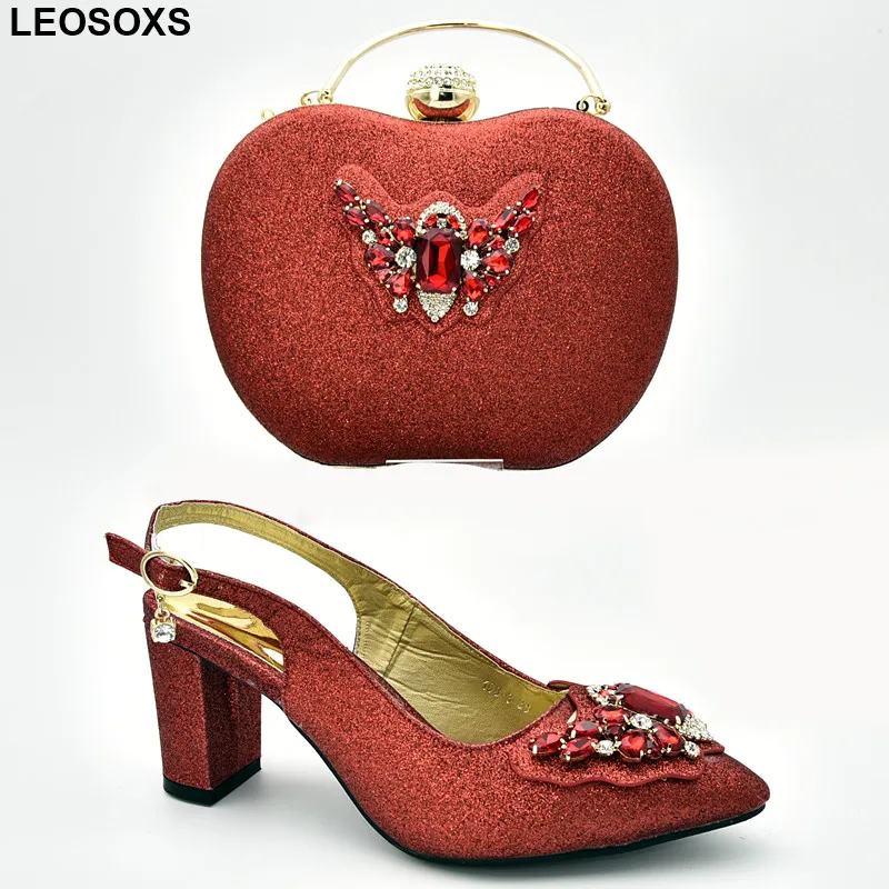 

New Arrival Nigerian Shoes and Matching Bags Set Decorated with Rhinestone Womens Dress Shoes Pointed Toe Buckle Heel Sandals