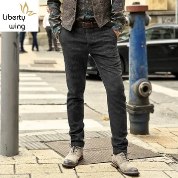 

Business Casual Striped Men Fashion Slim Fit Zipper Office Straight Trousers Autumn Winter 2020 Party Long Pants S-3XL