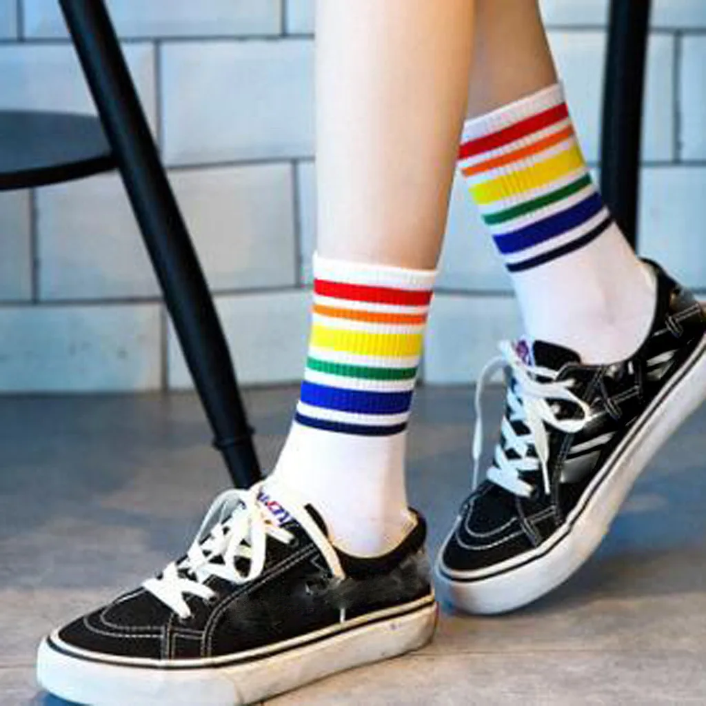 2 pairs of lovers wild rainbow striped cotton socks loaded deodorant sweat-absorbent warm casual sports office autumn winter new