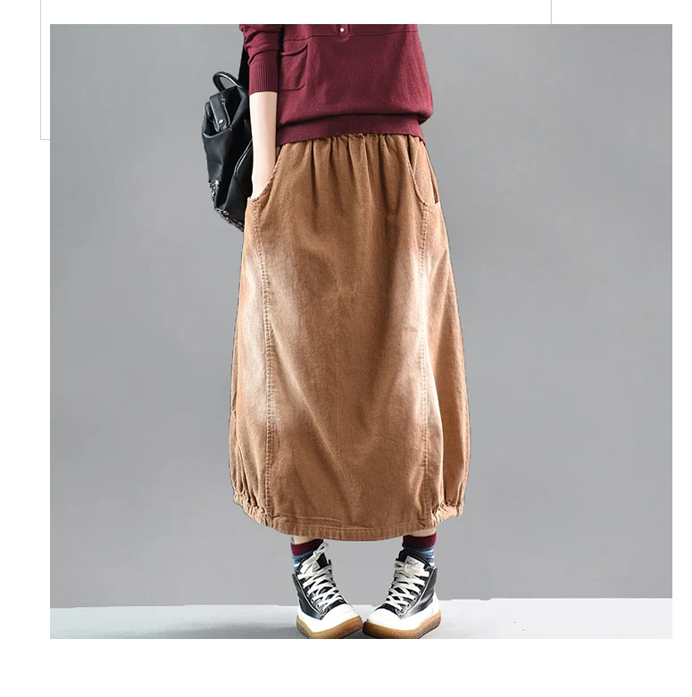 Осенне-зимняя женская юбка с эластичной резинкой на талии, тонкая Ретро Вельветовая юбка, новинка, Женская Повседневная универсальная юбка с карманами
