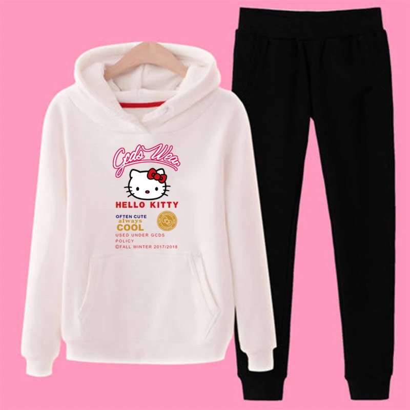 T09 3xl плюс размер hello-kitty 2 шт Женские повседневные спортивные толстовки с капюшоном костюмы толстовка+ спортивные штаны комплект теплая одежда спортивный Спортивный костюм женский