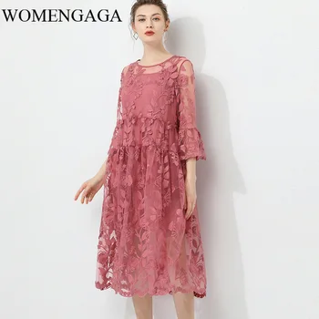 

Korea 2020 New Fashion Large Size XL-4XL Dress Women Over Size Seven Sleeve Hollow Out Lace Floral With Lined Y035