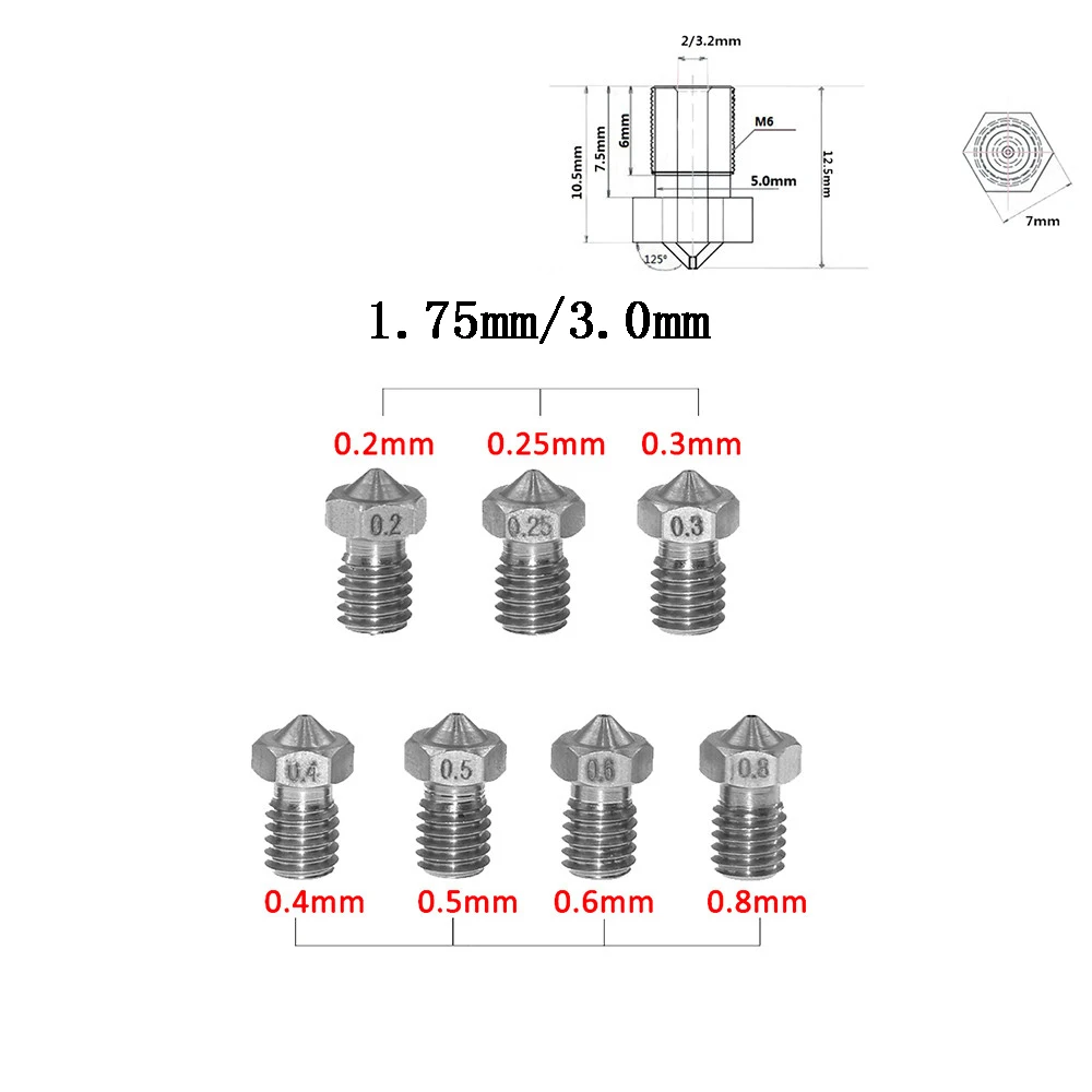 3D-принтеры MK8 V5 V6 нержавеющая сталь M6 сопла 0,2/0,3/0,4/0,5/0,6/0,8 мм Экструдер сопла печатающей головки для 1,75 мм или 3,0 мм Fliament
