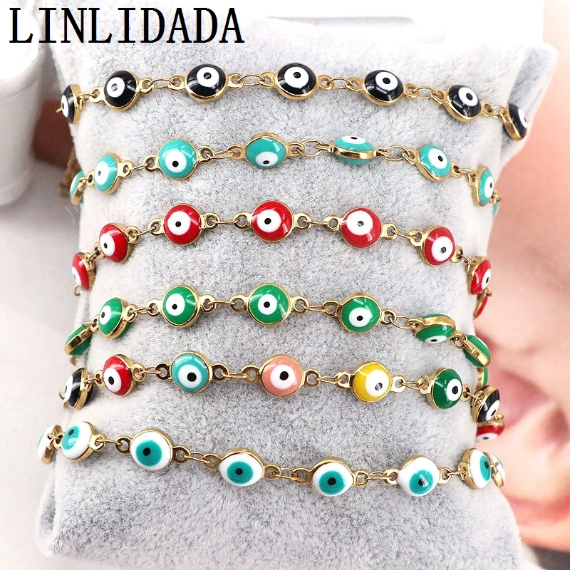 

10Pcs, Good Luck Eye Bracelet Gold Link Chain Adjustable Bracelet Color Eye Brass Jewelry Everyday Bracelet Gift for Female