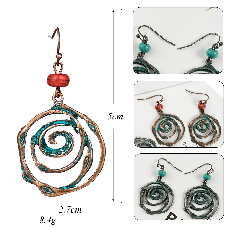 Серьги со спиральными кругами, уникальные богемные этнические Винтажные висячие серьги с бусинами для женщин, ювелирные изделия