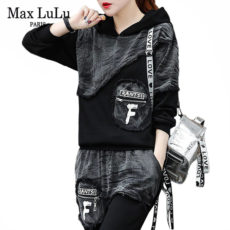 Max LuLu, осень, модная Корейская уличная одежда, Женские топы и штаны, Женский комплект из двух предметов, джинсовая одежда, винтажный спортивный костюм с капюшоном