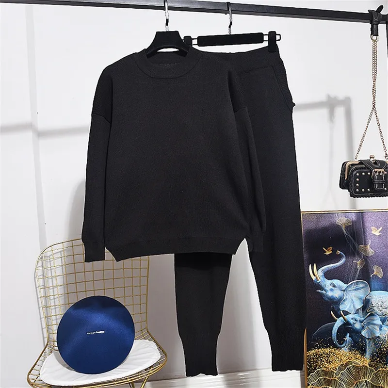 

Spring Autumn Black Knitted Tracksuit Women Set Long sleeve Sweater Casual Pants Two Piece Set Female Loose Pullover Trouser 2pc