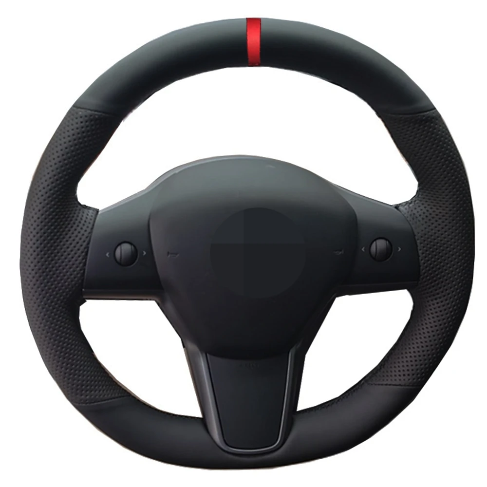 Car Steering Wheel Cover Diy Handstitched Black Genuine Leather For