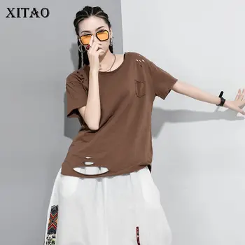 

XITAO Hole Pleated T Shirt Pullover Small Fresh Casual Irregular 2020 Spring Summer Patchwork Small Fresh Style Tee DMY4342