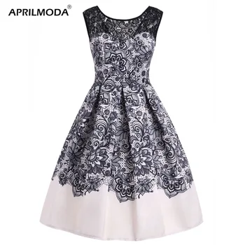 

Flower Print Lace Patchwork Vintage Dress Women Sleeveless V Neck Party Dress Casual Swing A-Line Retro Dresses Vestidos