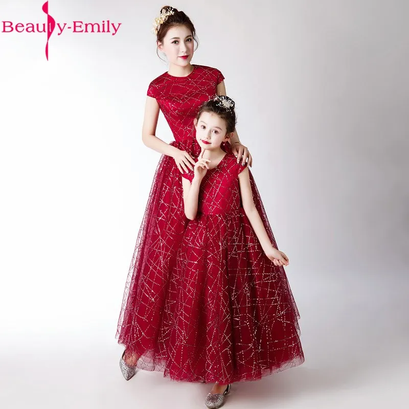 Очаровательное Бордовое платье с цветочным узором и круглым вырезом для девочек г. Милые вечерние платья из тюля с короткими рукавами и блестками для девочек