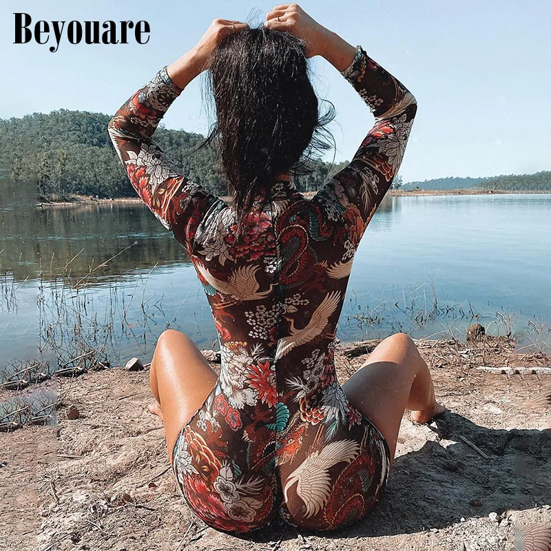 

Beyouare Autumn Brown Round Neck Vintage Printing Long Sleeve Skinny Playsuit Women Sexy Stretchy Bodycon Fashion Streetwear2020