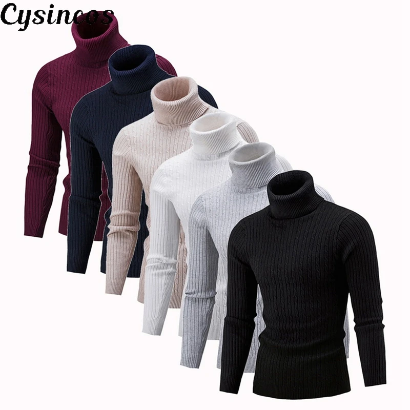 CYSINCOS новый осенне-зимний мужской свитер Мужская водолазка сплошной цвет повседневные мужские свитера Slim Fit брендовые вязаные пуловеры