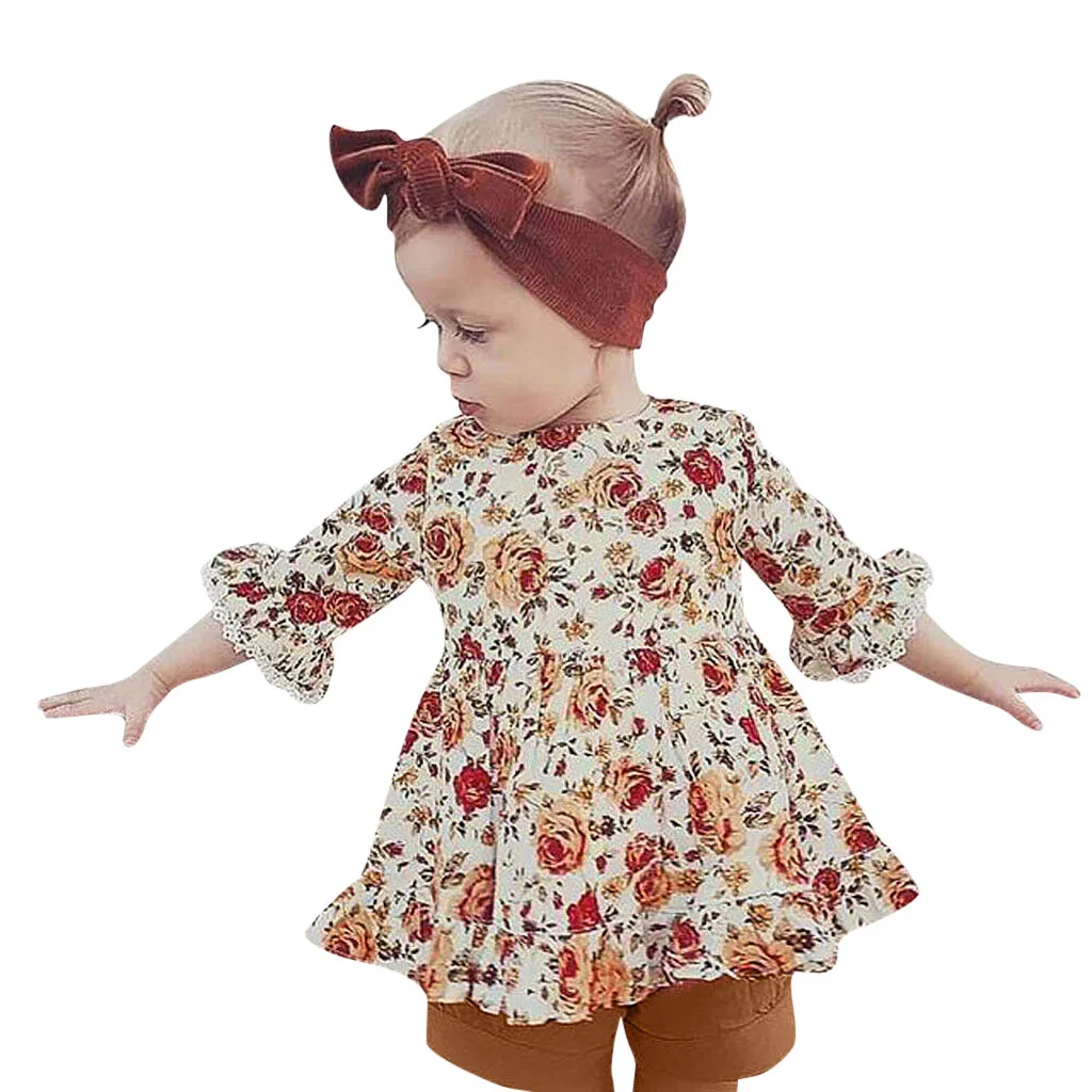 

ARLONEET Toddler Baby Girls Three Quarter Ruffles Floral Print Dress+Solid Shorts Outfits For Baby Kids Boy Girl Clothing #10