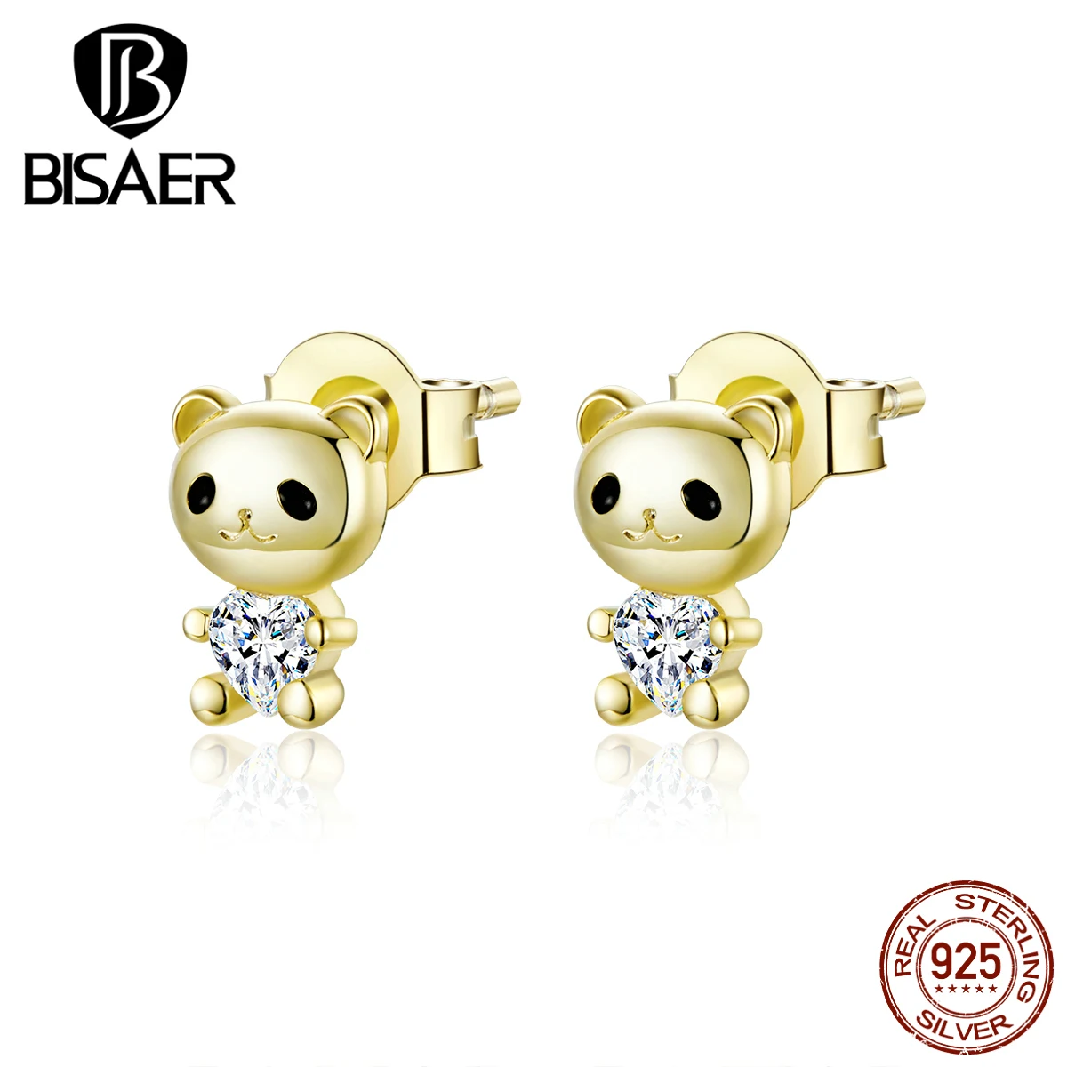 Серьги в виде животных, BISAER, 925 пробы, Серебряный медвежонок, маленькие серьги-гвоздики для женщин, роскошные кубические циркониевые ювелирные изделия ECE801