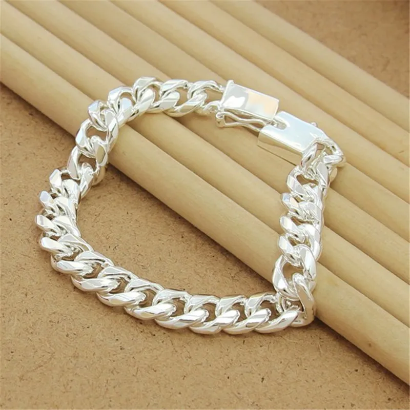 

Hip Hop Men 925 Silver Bracelet 10MM Cuba Side Side Bracelet Jewelry Gift