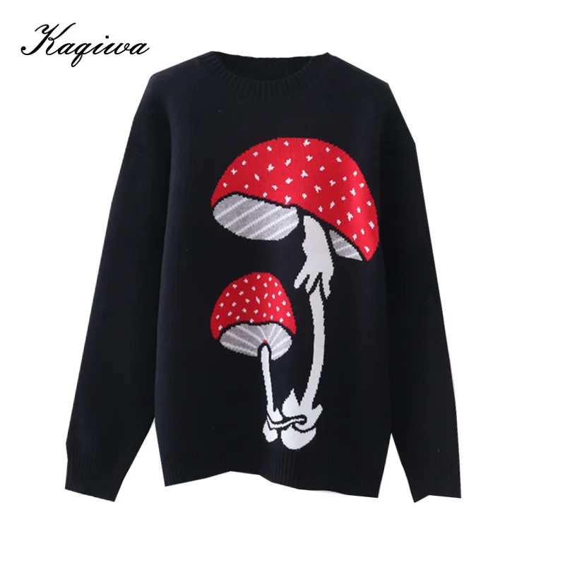 Net red same style autumn / winter 2020 new sweater women's loose black mushroom jacquard knitted Pullover Sweater Top B-199 | Женская