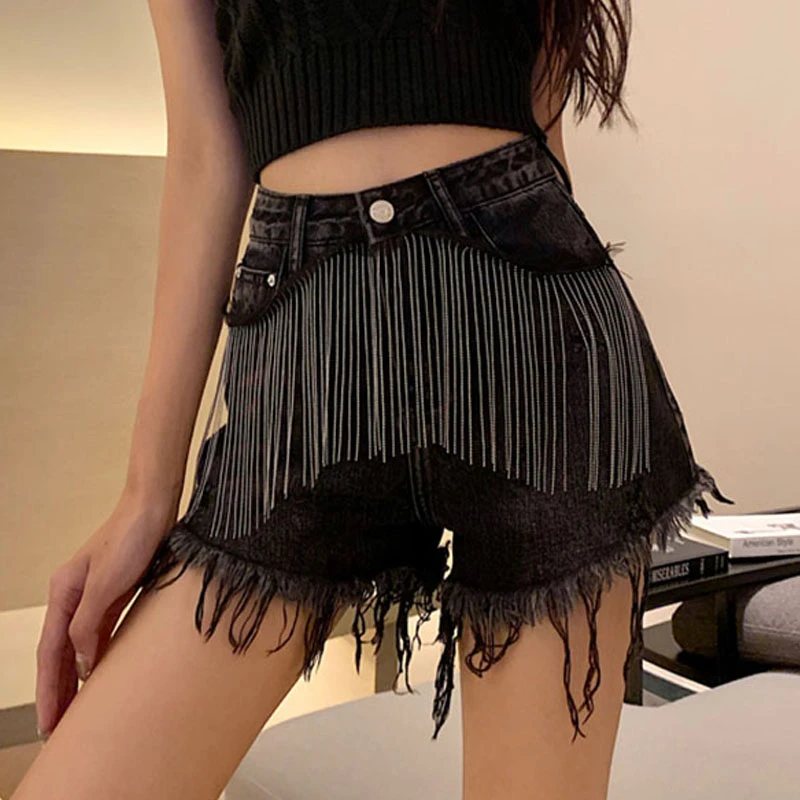 2020 New Summer European New Heavy Fringed Diamond Beads High Waist Jeans Cowboy Shorts Female Fasjion Hole Shorts women KZ19 2020 New Summer European New Heavy Fringed Diamond Beads High Waist Jeans Cowboy Shorts Female Fasjion Hole Shorts women KZ19