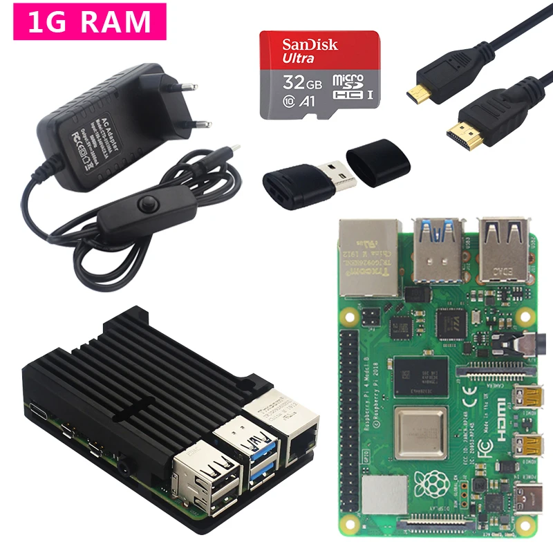 Оригинальный Raspberry Pi 4 доска с 1/2/4GB Оперативная память + Алюминий корпус из металлического сплава + Мощность Штекер кабель + кабель Micro HDMI