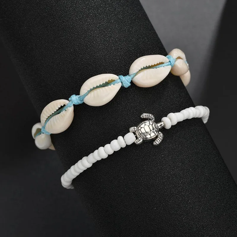 

2pcs/set Boho Ocean Beach Adjustable String Macrame Mussel Sea Shell Cowrie Ankle Bracelet White Beads Turtle Anklets For Women