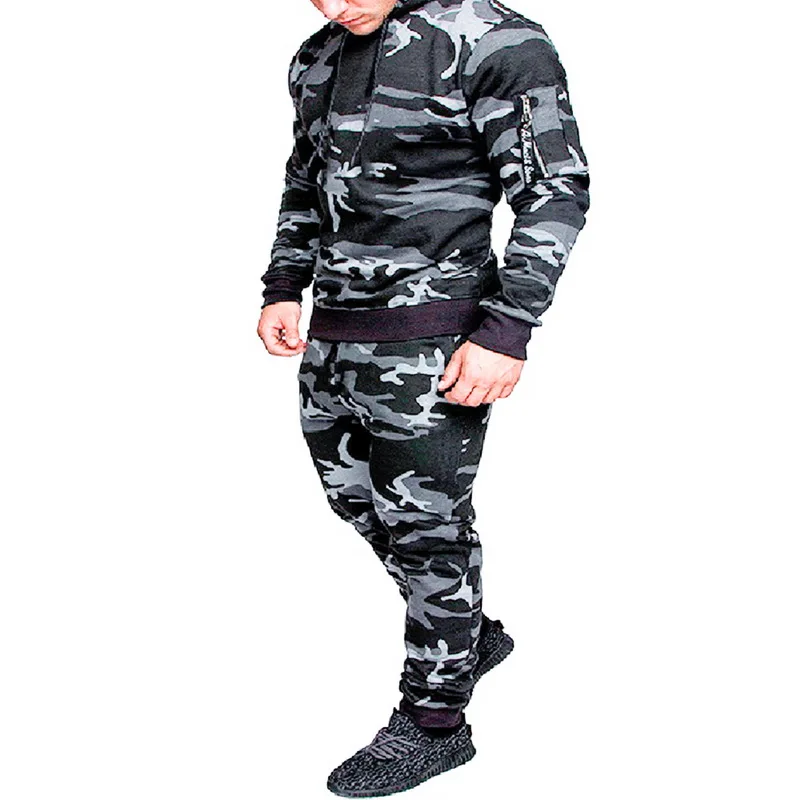 Мужская Спортивная толстовка с принтом в стиле милитари, спортивный костюм с капюшоном, повседневный комплект для бега, пуловер, верхняя одежда, 2 шт., куртка+ штаны, костюм