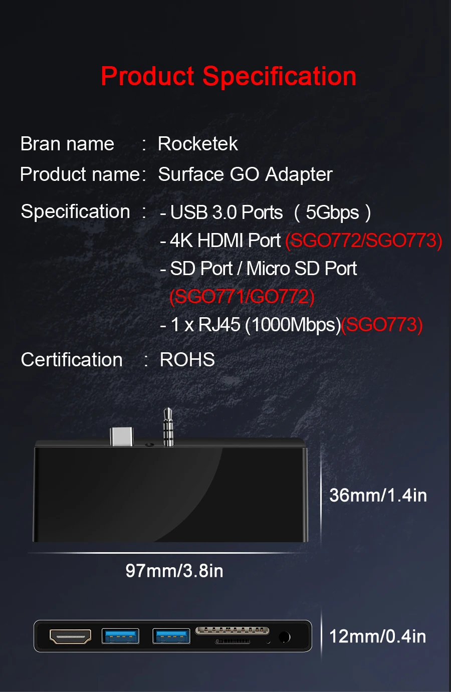 Rocketek usb 3,0 кард-ридер концентратор 4K HDMI 1000 Мбит/с гигабитный Ethernet адаптер SD/TF micro SD 3,5 мм аудио для microsoft Surface GO