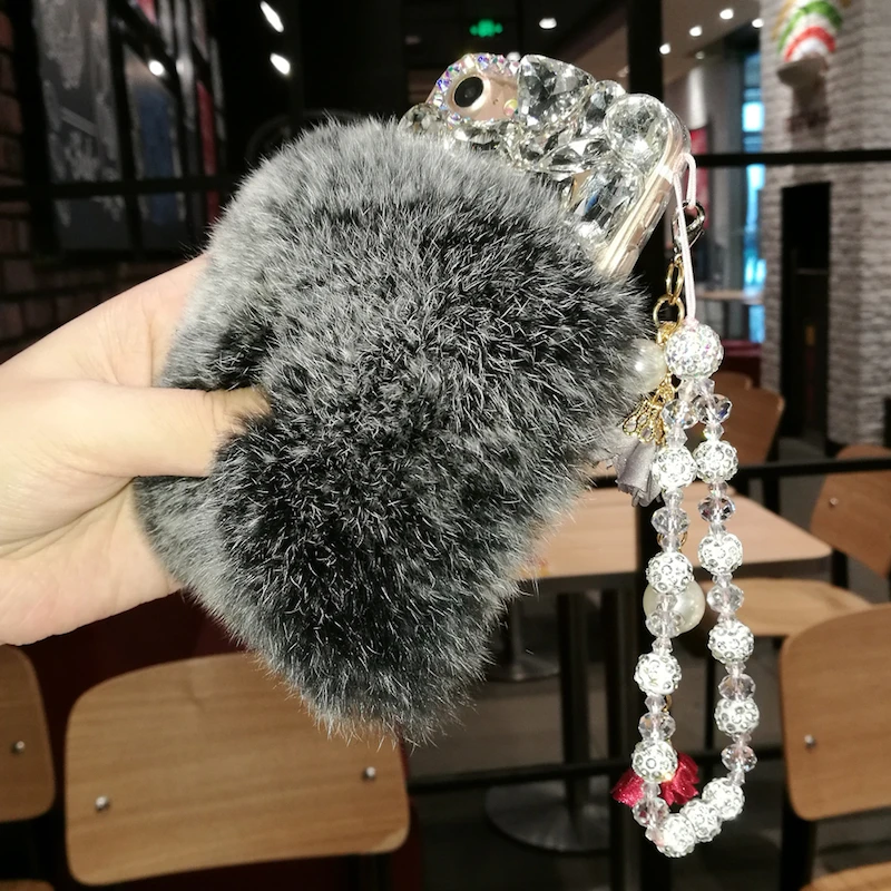 

For Xiaomi Redmi7 5 6 4X 4A 5A 6A Note7 5 6 4 Note4X 5A Luxury Diamond bling rabbit fur pearl flower chain soft phone case cover