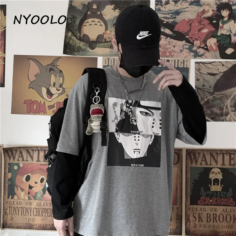 NYOOLO Harajuku Винтаж Аниме Наруто печати поддельные 2 шт. Лоскутная футболка осень уличная одежда с длинным рукавом Футболка для женщин и мужчин Топ