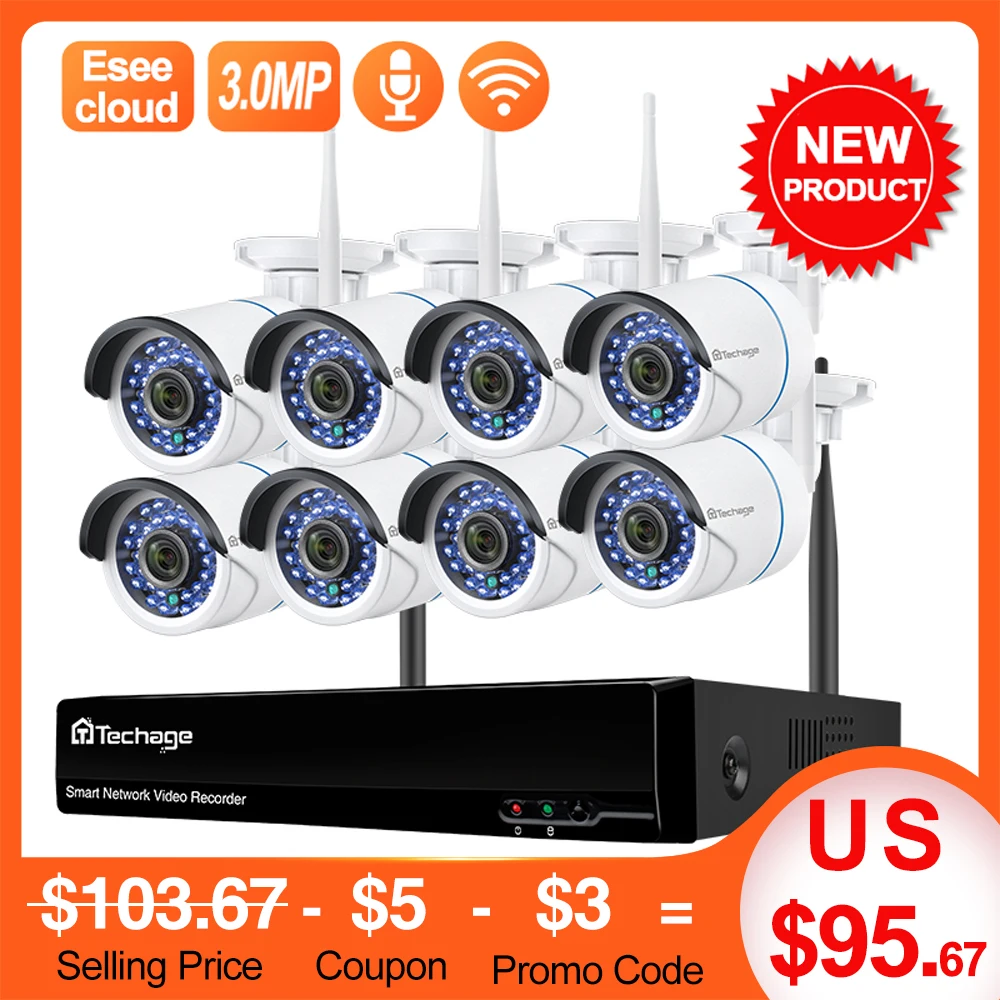 

Techage 8CH 3MP Wireless WiFi IP Camera Outdoor Street NVR Security Camera Audio P2P Video CCTV Surveillance Camera System Set
