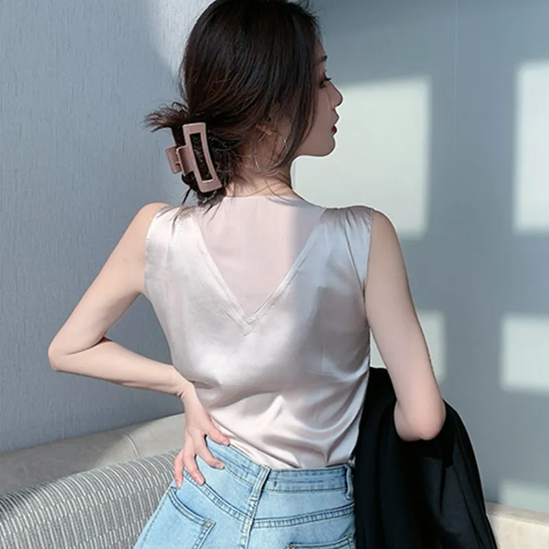 Silk Tops for Women Satin Mesh Tank Tops for Women Sexy Woman V-neck Basic White Top Plus Size Woman Sleeveless Silk Tank Top OL
