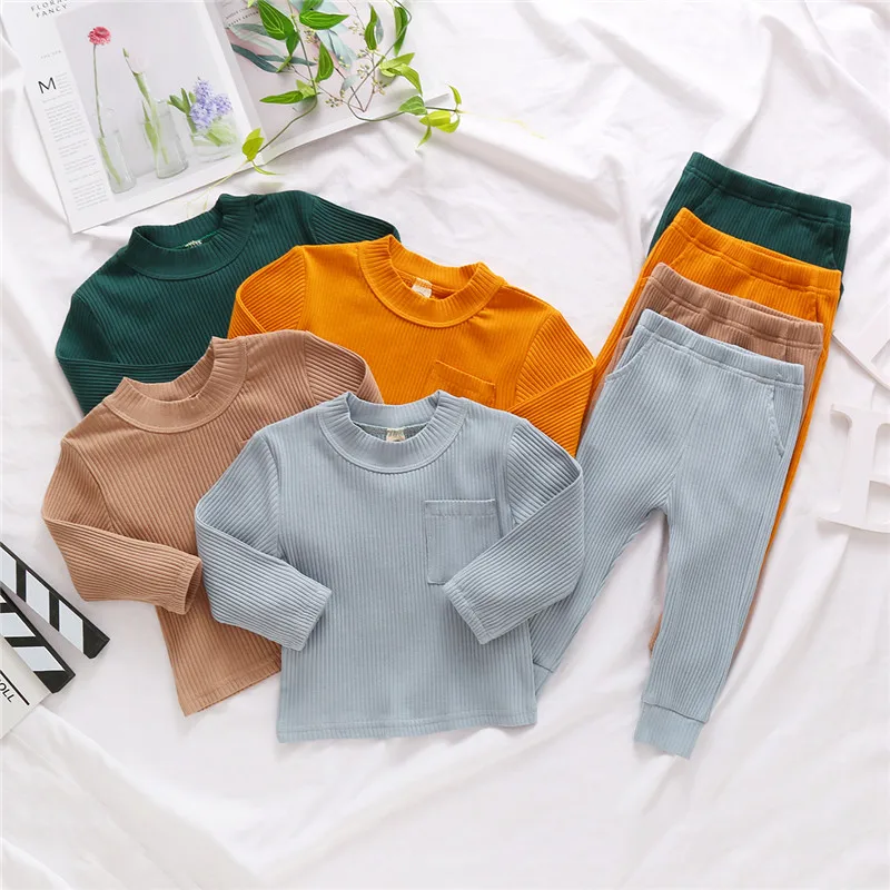 

Baby Long Sleeves + Trousers, Solid Color with Pockets Casual Outfit Elastic Waist Spring Clothing 12Month-4Years