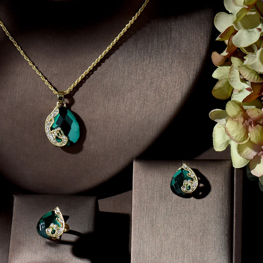 HIBRIDE Trendy Green/Red Jewelry Cubic Zirconia Bridal Earrings and Necklace Sets African Wedding Beads Jewelry bijoux N-1348 - Image 3