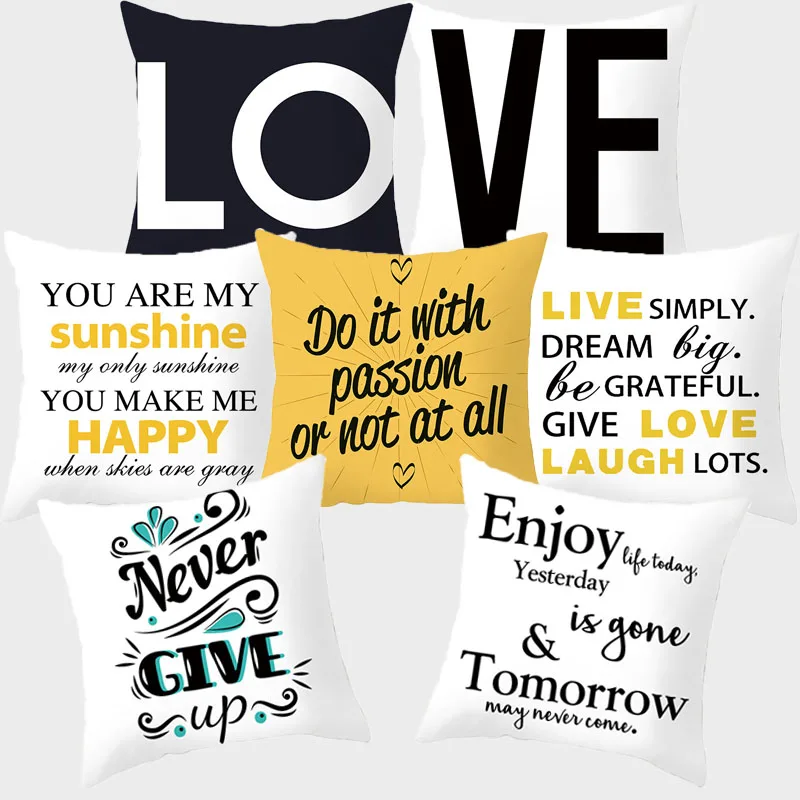 

Motto Love Printed Decorative Cushion Black Yellow White Sofa Cushion Cover with Letters Decoration Polyester Pillow Cover 10303