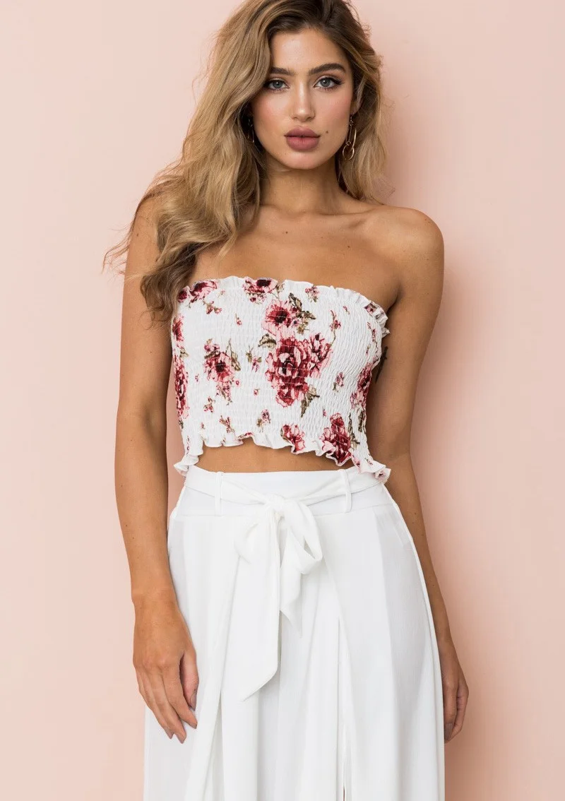 Шифоновая кофта Boho с цветочным принтом женские летние топы короткие Спагетти майка на бретельках женские пляжные без бретелек сексуальный укороченный топ
