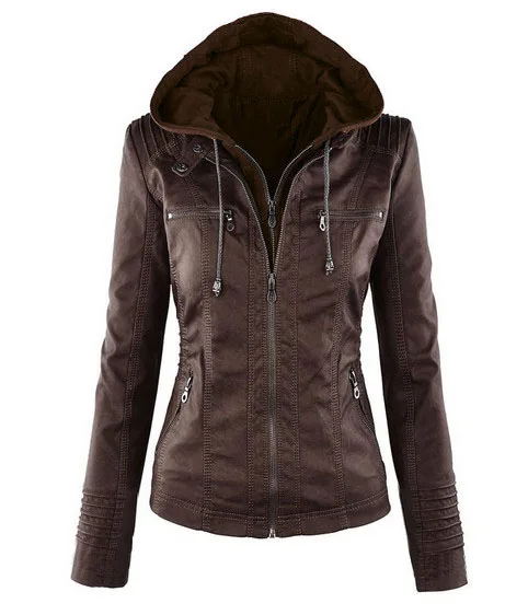 Женская куртка со съемным капюшоном, короткая куртка из искусственной кожи, пальто из искусственной кожи, Женская мотоциклетная