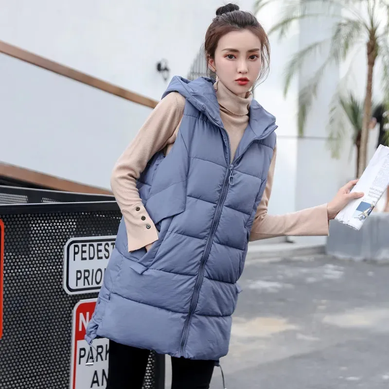 2021 New Women's Vest Jacket Down Cotton Vest Autumn Winter Jacket Hooded Long Coat Sleeveless Loose Female Waistcoat Snow Wear black puffer