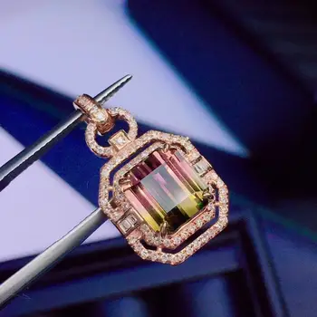 

H609 Fine Jewelry Real 18K Rose Gold 100% Natural Watermelon Tourmaline 3.86ct Gemstone Diamond Pendant Necklace