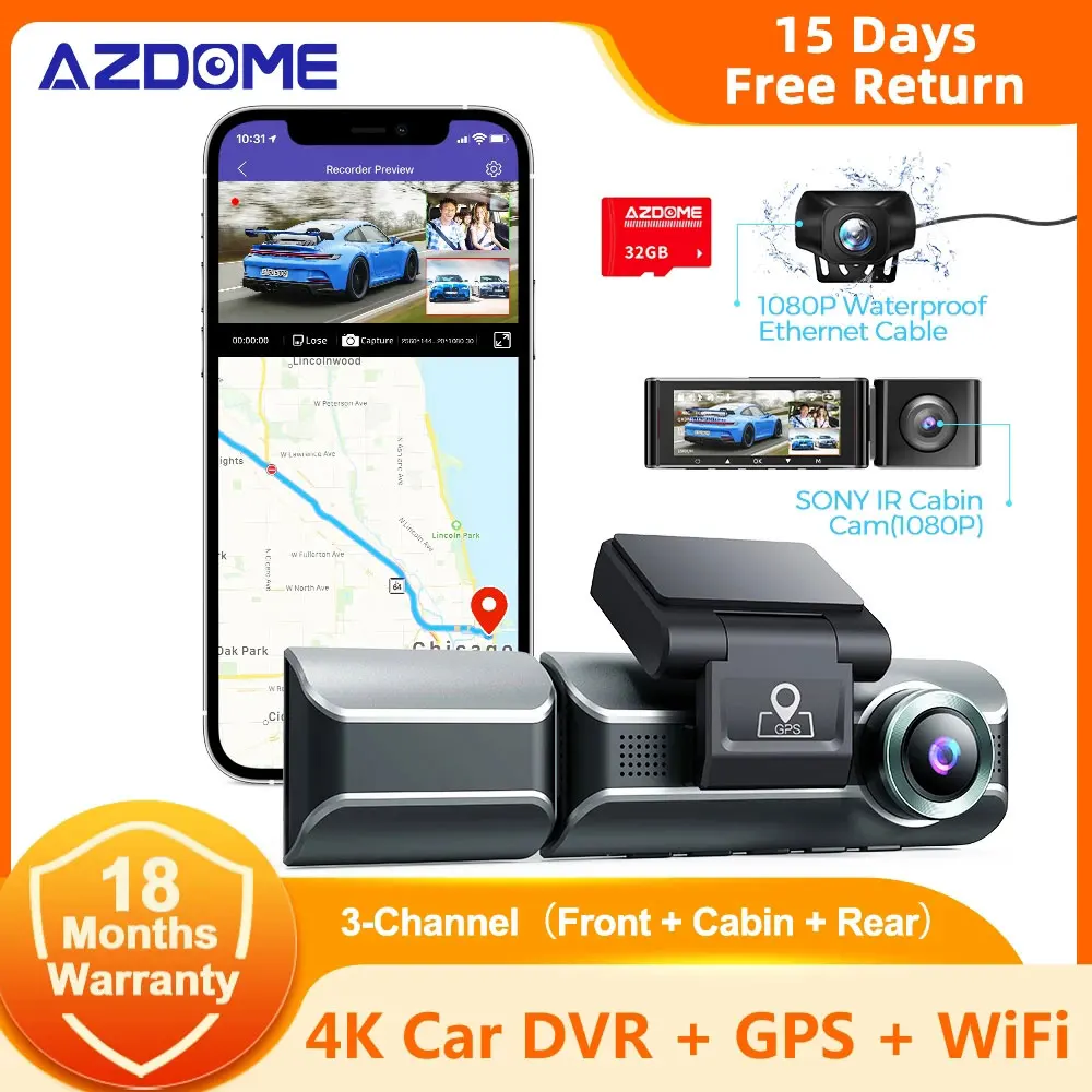 AZDOME M550 Car DVR 3 Channel Camera 4K +1080 Rear Cam 800MP Front Bulit-in GPS WiFi Dash IR Night Vision APP Control | Автомобили и