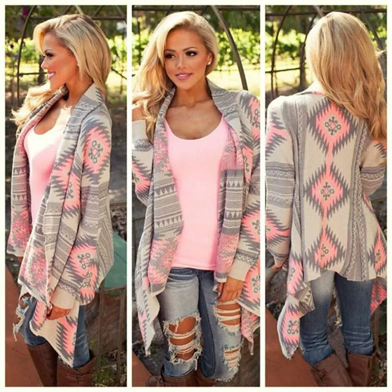 

Women New Fashion Aztec Printed Long Sleeved Casual All-match Cardigans