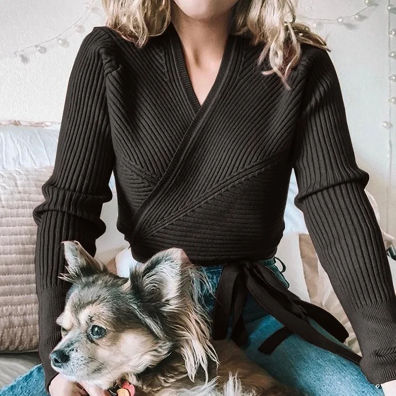Autumn Winter Knitted Sweater Women V-neck Slim Pullovers Sweater Ladies Wrap Sweaters Female Casual Sweater Jumper Autumn Winter Knitted Sweater Women V-neck Slim Pullovers Sweater Ladies Wrap Sweaters Female Casual Sweater Jumper