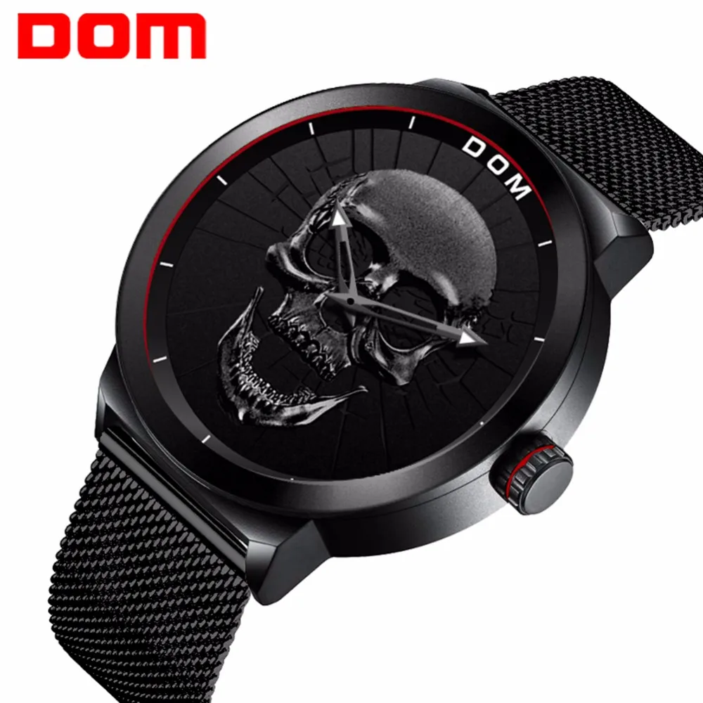 2018 крутые Панк 3D череп мужские часы Бренд DOM роскошные стальные золотые черные
