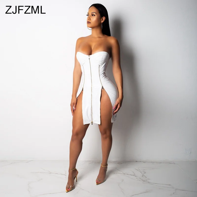 White ZJFZML из искусственной кожи пикантные вечерние платье Для женщин платье с разрезом спереди на молнии с открытыми плечами Бандажное платье осень-зима платье без бретелек без спинки - Цвет: White