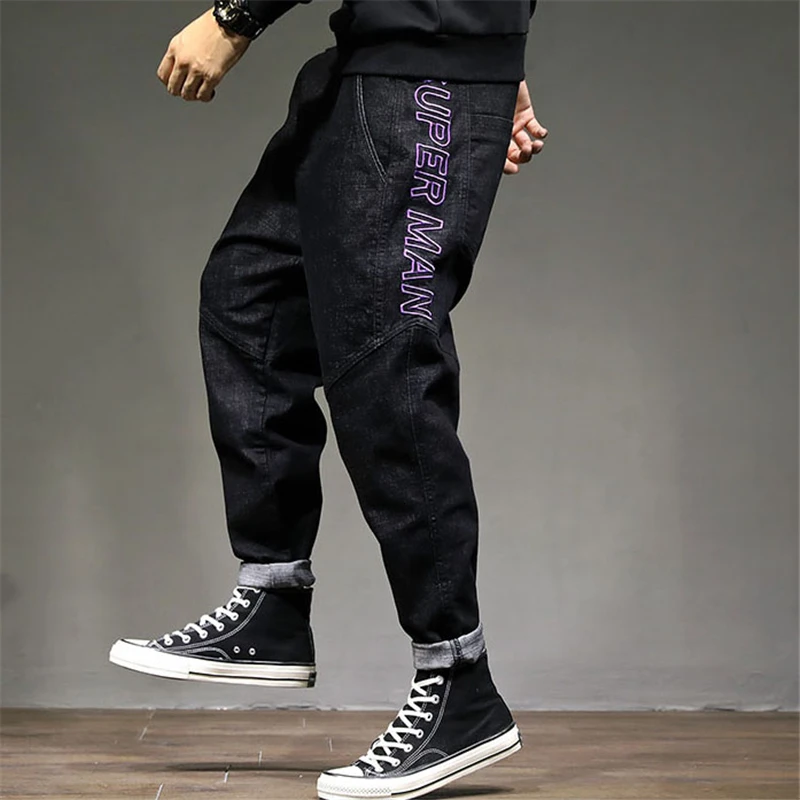Mens Jeans Hip Hop Jeans Letter Streetwear Casual Men Pants Black Blue Clothes New Spring Autumn Loose Trousers Big Size