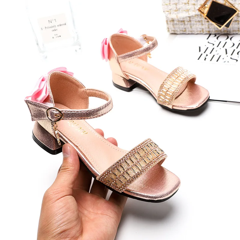ULKNN Fashion Children Bowtie Rhinestone Sequins Sandals 2020 New Princess Girls Big Kids Leather Soft Bottom Beach Shoes