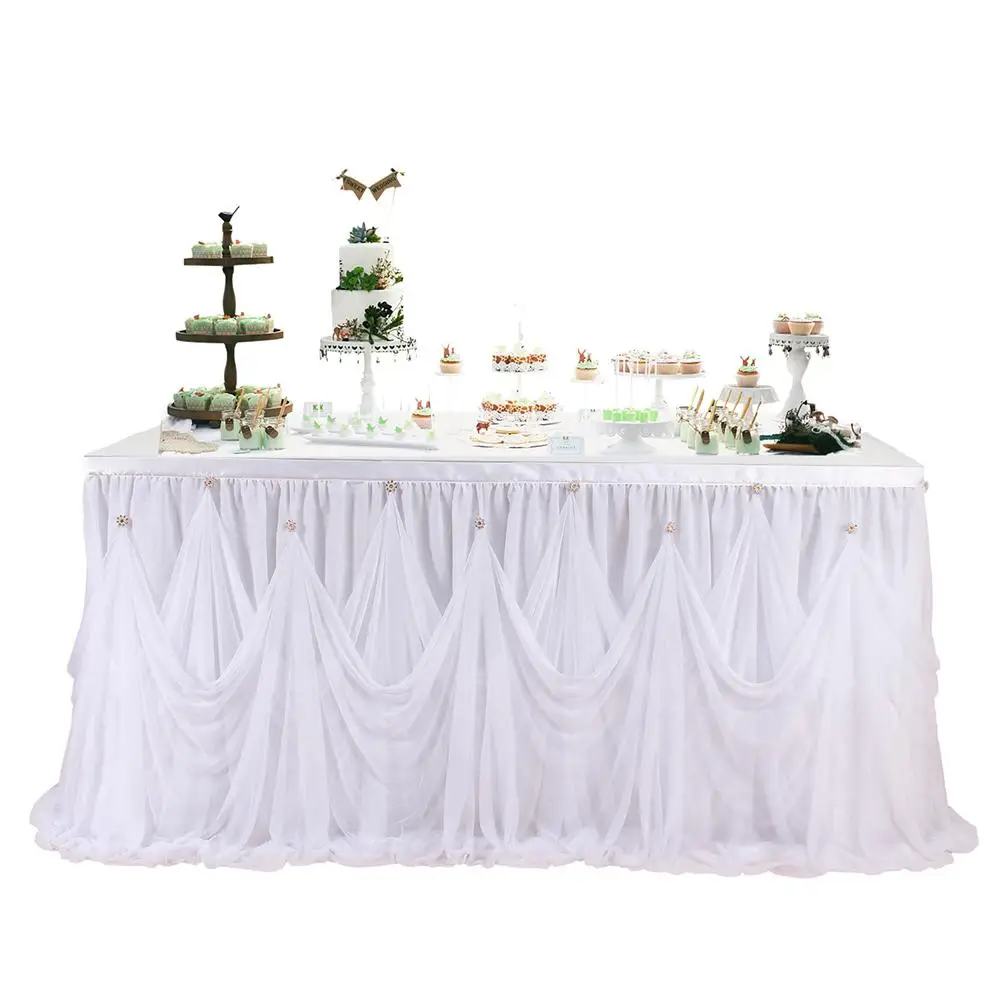 

DSstyles Tulle Tutu Solid Table Skirt Table Skirting with Crystal Diamond for Wedding Birthday Party Baby Shower Decoration
