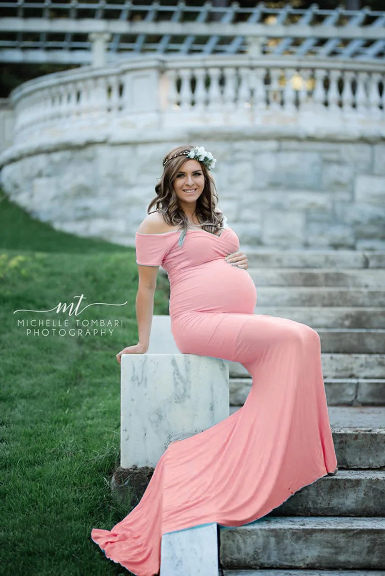 Elegence Shoulderless Maternity Shoot Dress Cute Pregnancy Photography Dress For Baby Shower Pregnant Women Maxi Gown Photo Prop (5)