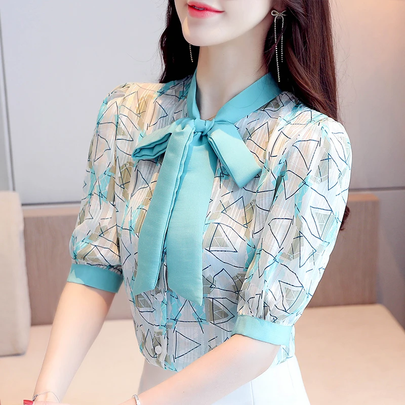 

Blusas Mujer De Moda 2020 Summer New Bow Chiffon Shirt Female Tops Loose Shirt Puffed Half Sleeve Womens tops and Blouses 118A